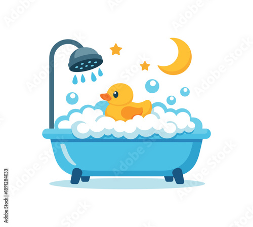 colored flat icon vector illustration isolated on white background bath time tub with foam bubbles and rubber duck evening wash