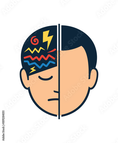colored flat icon vector illustration isolated on white background head split by thin line one side fast zigzag thoughts other side blank flat line burnout and emotional numbness