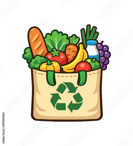 full color flat icon reusable grocery bag filled with fresh produce weekly healthy shopping