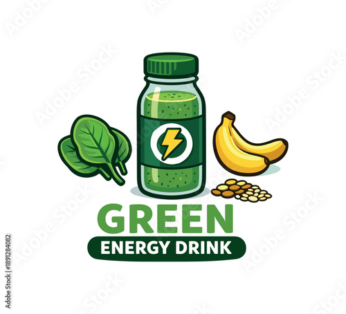 full color flat icon smoothie bottle with spinach banana and seed green energy drink