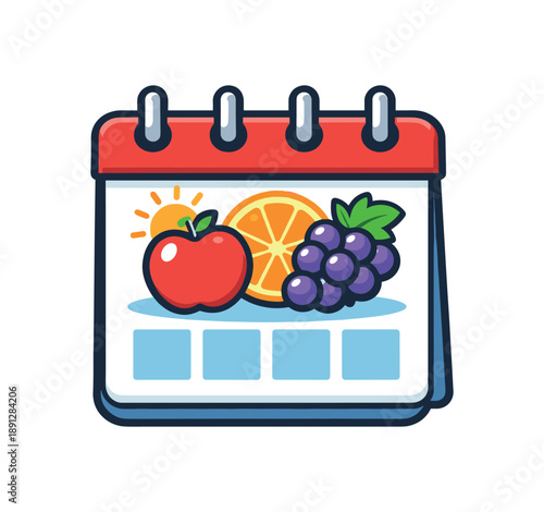 full color flat icon calendar with fruit icon for seasonal eating plan