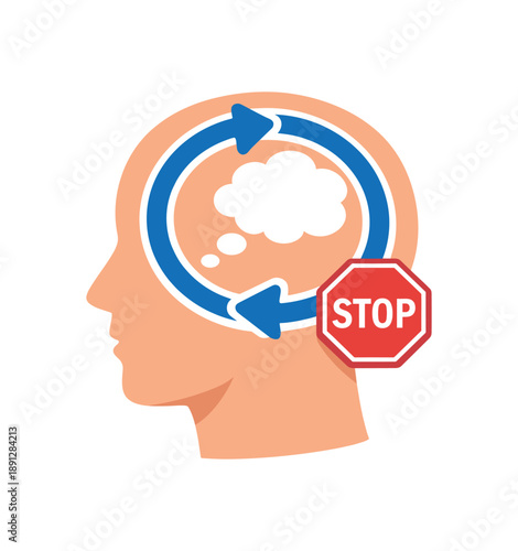 colored flat icon vector illustration isolated on white background head with circular arrow looping thoughts small stop sign obsessive thoughts awareness