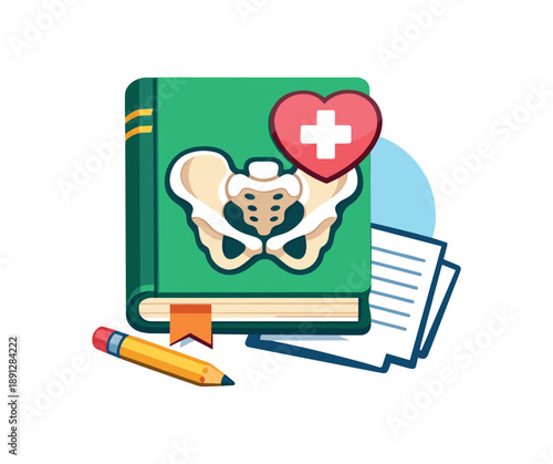 full color flat icon pelvic health book with heart icon education