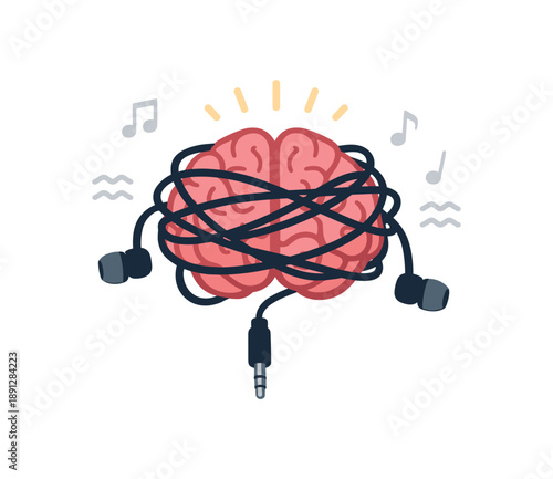 colored flat icon vector illustration isolated on white background brain with tangled headphone cable small music note faded overstimulation sensory overload