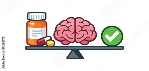 colored flat icon vector illustration isolated on white background pill bottle next to brain icon and small checkmark balanced medication management for mental disorders