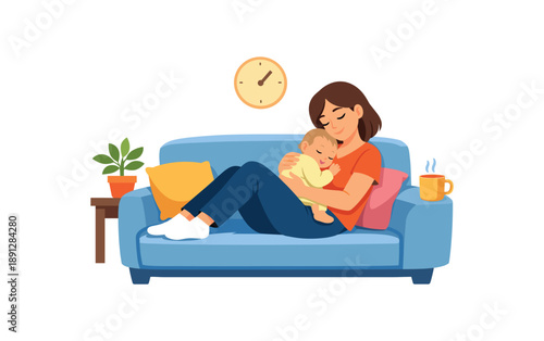 colored flat icon vector illustration isolated on white background parent cuddling baby on sofa quiet bonding break