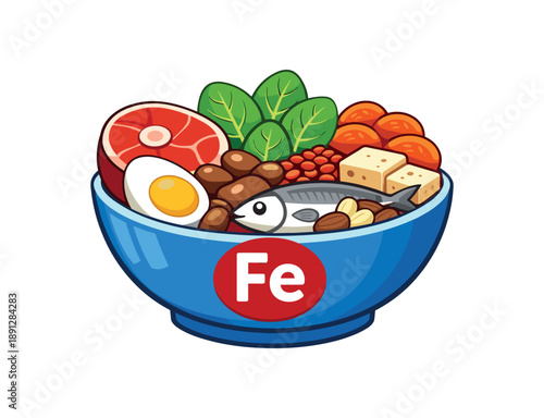 full color flat icon nutrition bowl with iron rich foods
