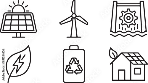 A collection of line icons illustrating renewable energy sources and green technology for sustainable living Vector