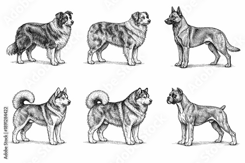 Detailed sketch of various dog breeds in profile view