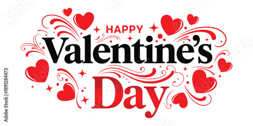 Happy valentines day typographic design with red hearts and decorative swirls