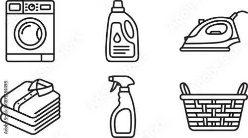 A set of minimalist outline icons for laundry and home cleaning tasks Vector