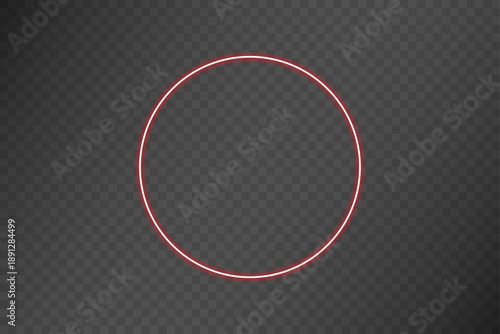 Red neon glowing circle on a dark background. Futuristic neon ring frame with vibrant light effect.