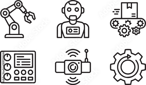 Automation and robotics icons for industrial technology and manufacturing processes Vector