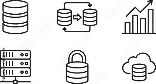 A collection of essential line icons representing data security, analysis, and cloud computing Vector