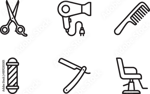 Minimalist collection of barber shop and hair salon equipment line icons Vector