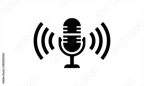 Microphone with sound waves icon representing audio recording and broadcasting.