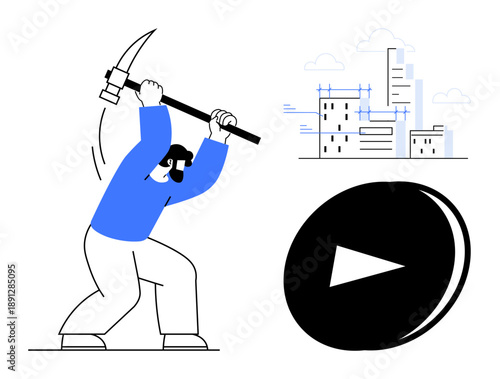 Cryptocurrency, blockchain, digital finance, technology, urban development, modern economy. Person mining a digital coin with a pickaxe near city buildings. Cryptocurrency and blockchain