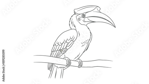 Hornbill Perched: An artistic illustration of a majestic hornbill perched gracefully on a branch, showcasing the bird's unique beak and distinctive features.