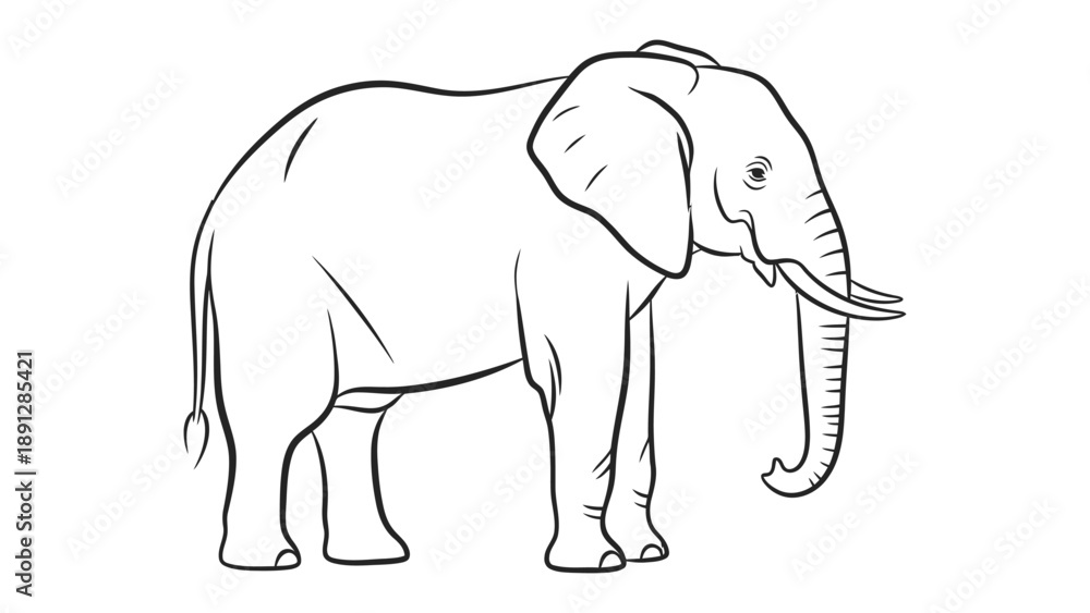 Obraz premium Majestic Elephant Illustration: A detailed black and white illustration of an elephant, showcasing its imposing stature, wrinkled hide, and iconic tusks.