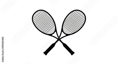 Two crossed tennis rackets presented as a striking black silhouette