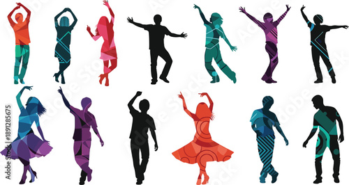 Colorful silhouettes of people dancing abstract dancing, people, silhouettes, colorful, abstract, figures, human, movement, dance, colorful silhouettes, white background, geometric shapes, patterns, c