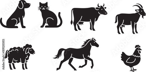 Domesticated Farm and Pet Animal Icon Set