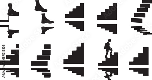 Pixel art of various staircases and footsteps in black