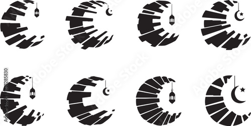 Black and white cityscape with crescent moon illustrations