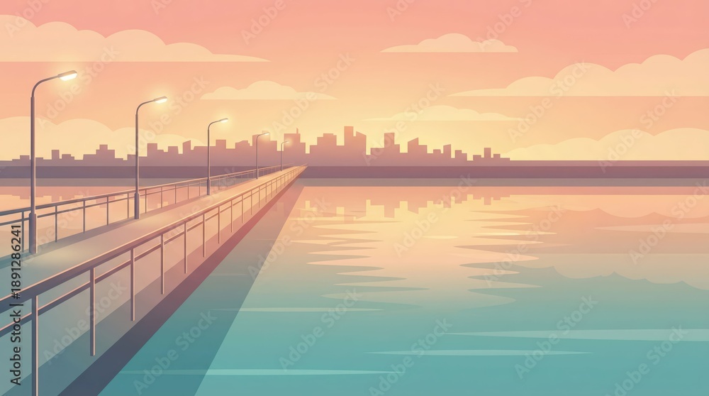 Obraz premium Pier at sunset over calm water with street lamps, pastel sky and distant city skyline