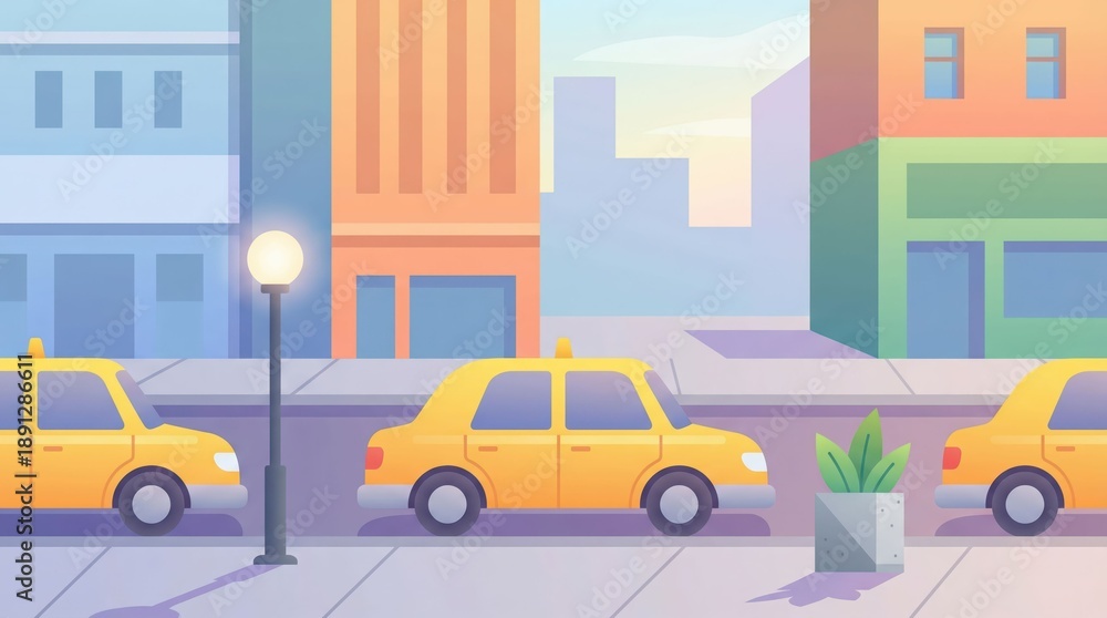 Naklejka premium Colorful city street illustration featuring yellow taxis in a sunny urban block, flat vector style