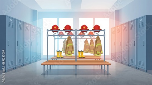 3D render of firefighter turnout gear hanging on a rack in a modern locker room with boots and bench