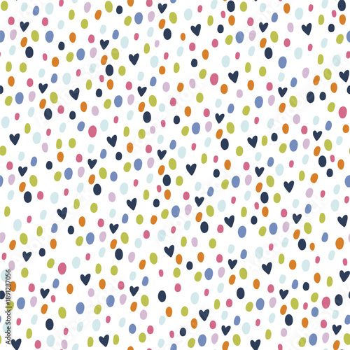 Seamless hand drawn pattern with colorful dots and hearts. Abstract childish texture for fabric, textile, apparel. Vector illustration