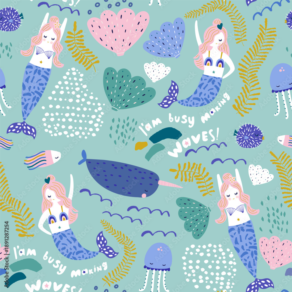 Obraz premium Childish seamless pattern with cute mermaids,whale, narval and undersea elements. Creative kids vector texture.