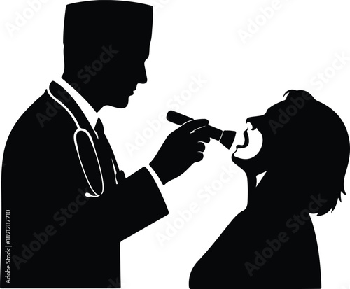 Silhouette doctor examining patient throat with flashlight medical illustration vector