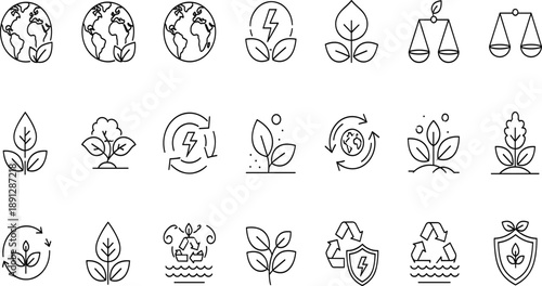Sustainability and Ecology Line Icon Vector Illustration Set with Earth, Leaves, Renewable Energy, Recycling, and Environmental Balance Symbols for Green UI and Web Design