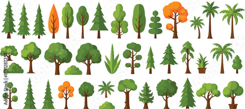 Various cartoon trees and bushes in different shapes and colors trees, bushes, cartoon, green, brown, orange, palm trees, pine trees, deciduous trees, plants, foliage, nature, landscape, flat colorful