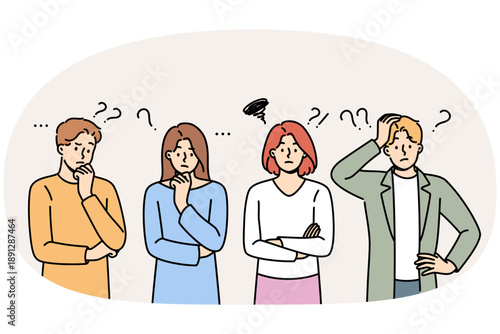 Confused people have learned unpleasant news are thinking about how to resolve issue. Confused guys and girls scratch chins or back of heads after receiving information about tax increases