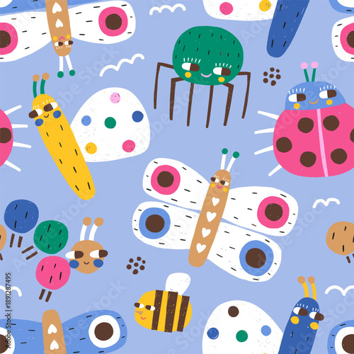 Childish seamless pattern with cute insects, bee, ladybug caterpillar,butterfly, spider.Creative kids vector texture.