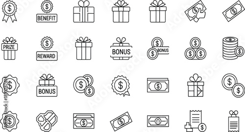 Rewards and Bonus Line Icon Vector Set with Gift Boxes, Cash, Coins, Benefits, and Payment Symbols for Finance, Business UI, and E Commerce Design
