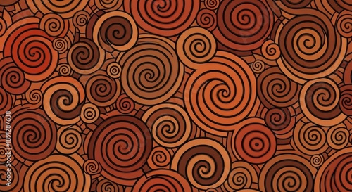 Earth tone spiral patterns cover the entire background surface in a complex design.