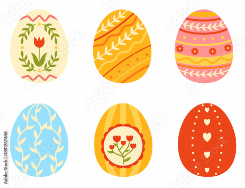 Set of cute decorated Easter eggs.