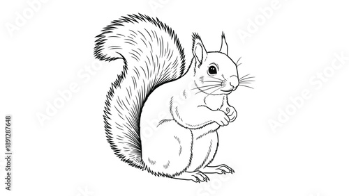 Delicate Squirrel Sketch: A detailed, monochrome sketch showcases a squirrel with a full, fluffy tail in an artistic illustration. 