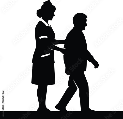 Silhouette Nurse assisting an elderly man walking in professional healthcare illustration vector