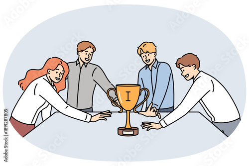 Team of business people fight for golden cup, standing around table and holding out hands to trophy. Award for first place in business contests evokes sense of competition among office employees