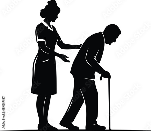 Silhouette nurse assisting elderly man with walking cane illustration vector