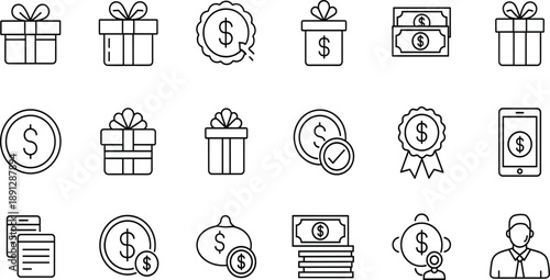 Money and Gift Line Icon Vector Set Featuring Dollar Symbols, Cash, Coins, Rewards, Savings, and Payment Icons for Finance, E-Commerce, and Business UI Design