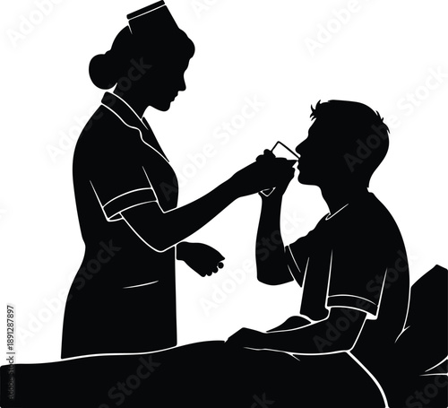 Silhouette nurse caring for a male patient providing water healthcare service illustration vector