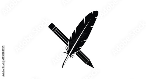 A crossed pencil and feather depicted in stark black silhouette