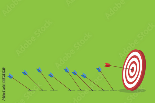 Business challenge failure and success concept. Blue arrows missed hitting target and only red one hits the center