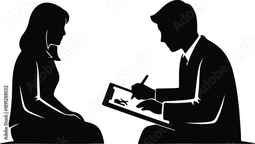 Silhouette of a man interviewing a woman sitting attentively illustration vector